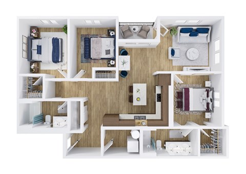 A top-down view of a small apartment with a kitchen, living room, and bedroom.